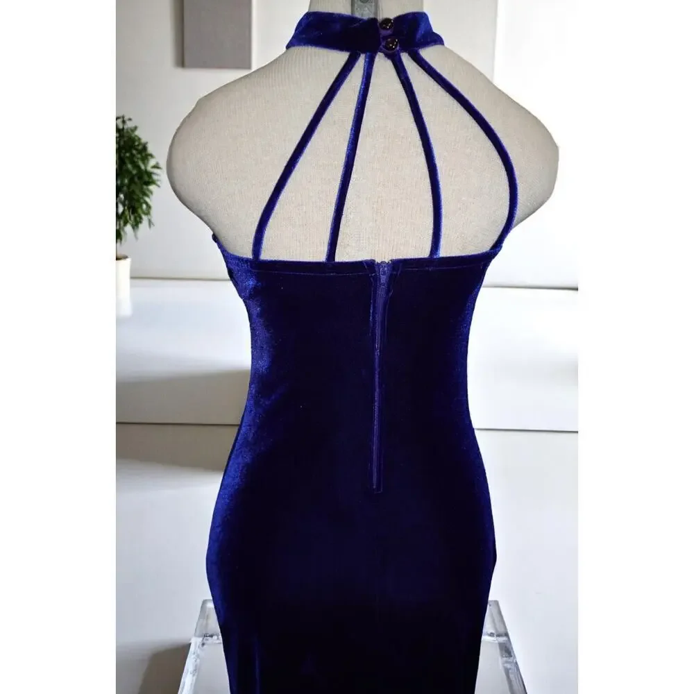Kiki USA Royal Blue Velvet Halter Dress – Size 40 - Picture 9 of 16